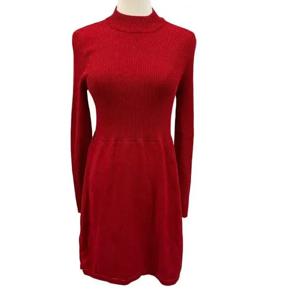 Free People Red Metallic Knit Long Sleeve Sweater Dress Small Holiday Cocktail - Picture 1 of 7